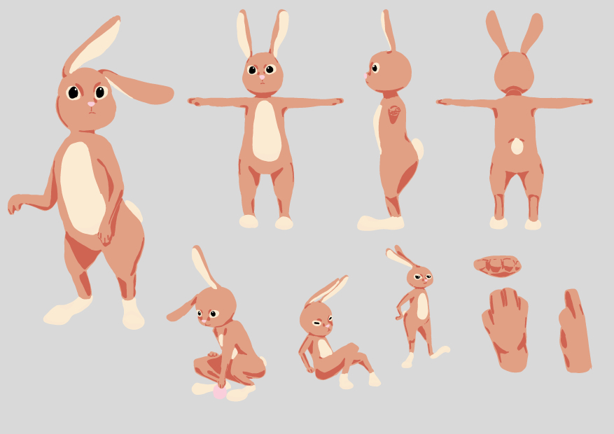 Character Design Sheet showing character in T-pose for modeling and expression poses.