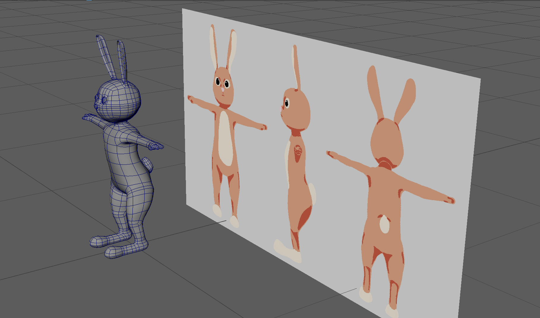 Model of Easter Bunny in Maya viewport compared to the T-pose of character sheet.