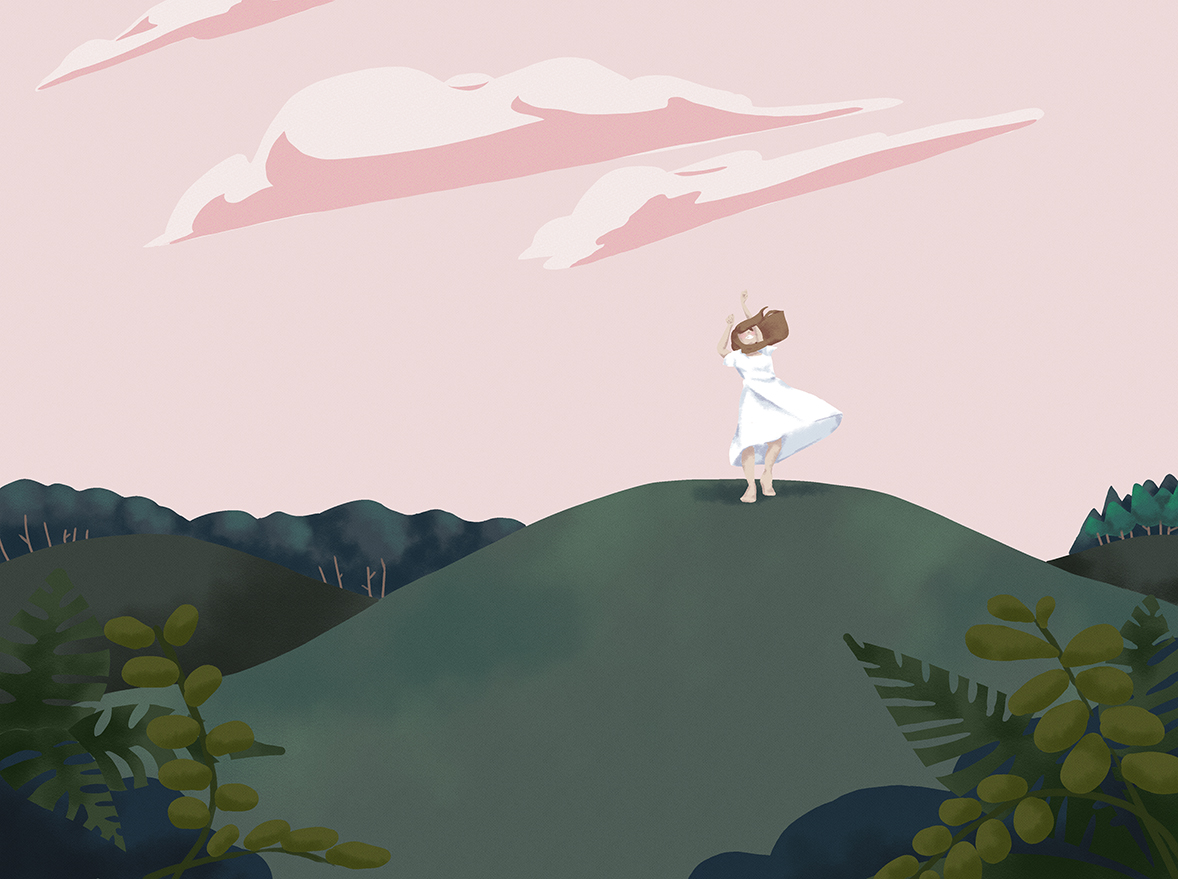 illustration of girl on a hill with pink sky