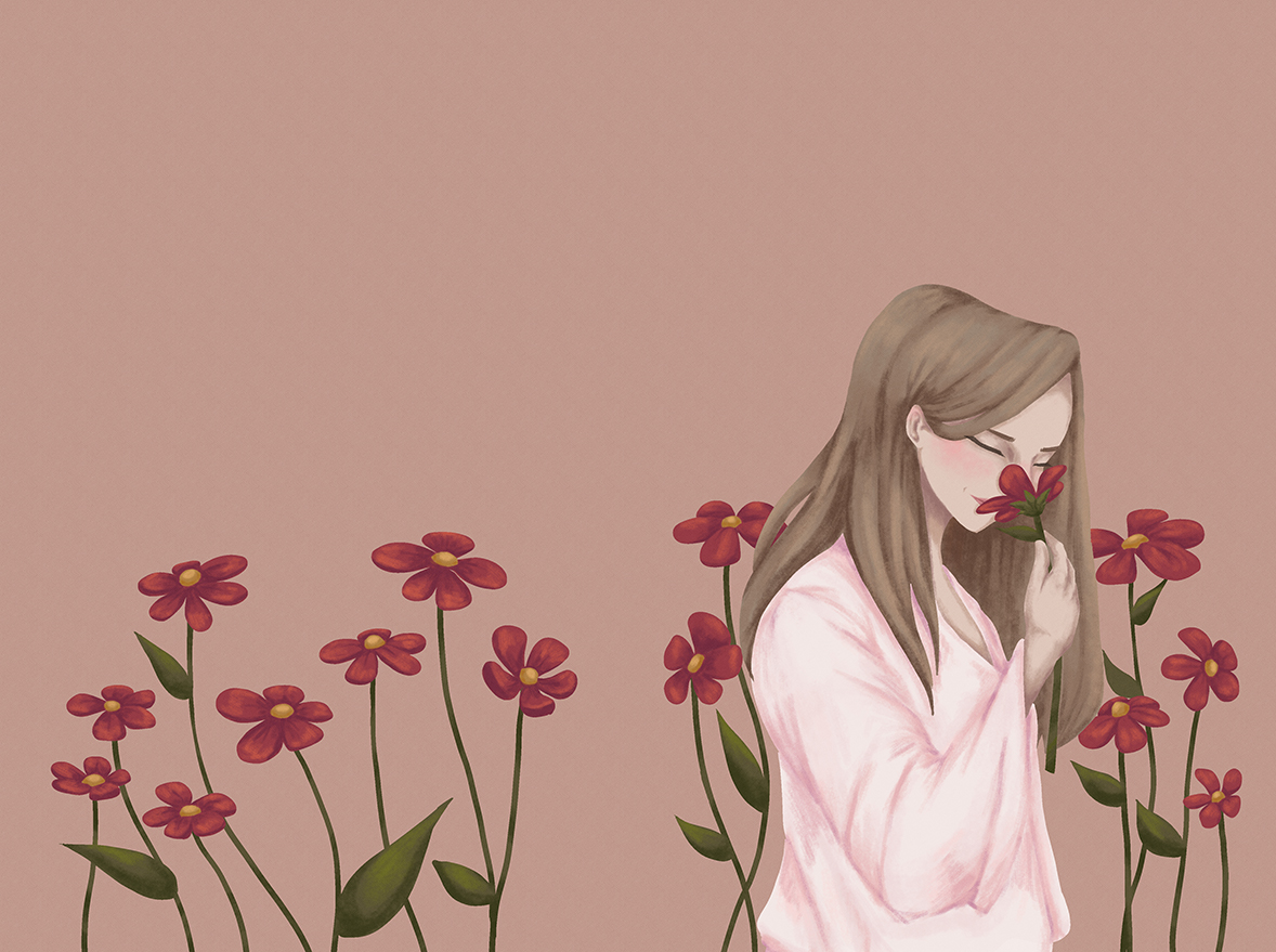 illustration of girl sniffing a flower