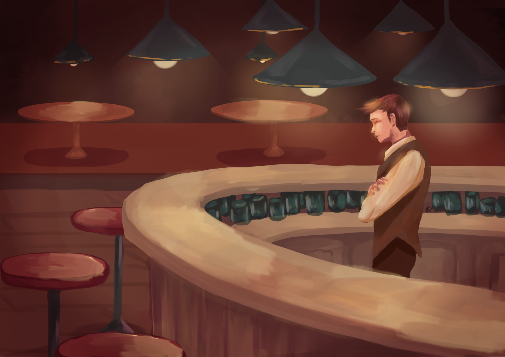 illustration of dimly lit empty bar with a bartender