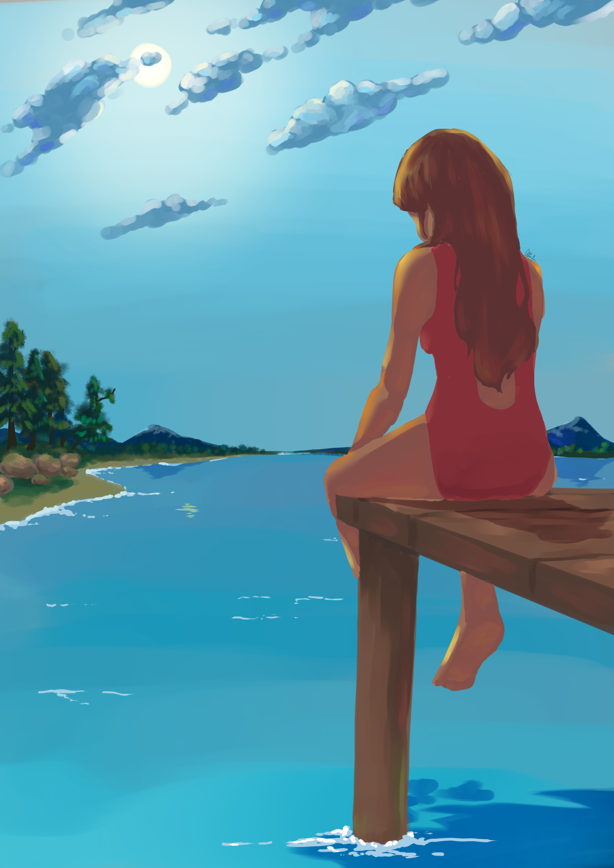 illustration of girl sitting on a dock overlooking a lake