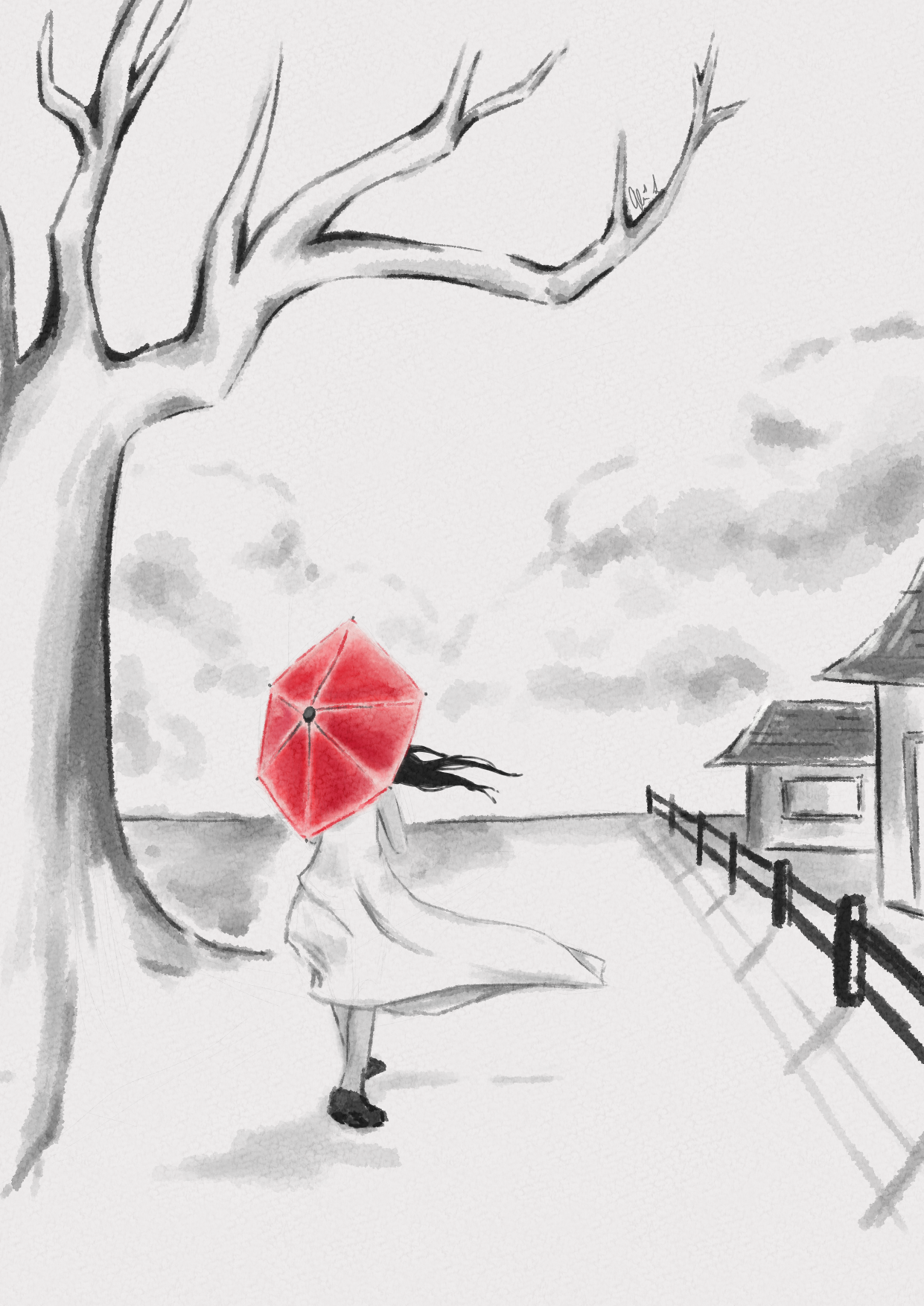 illustration of girl with red umbrella standing next to a tree, chinese watercolour style