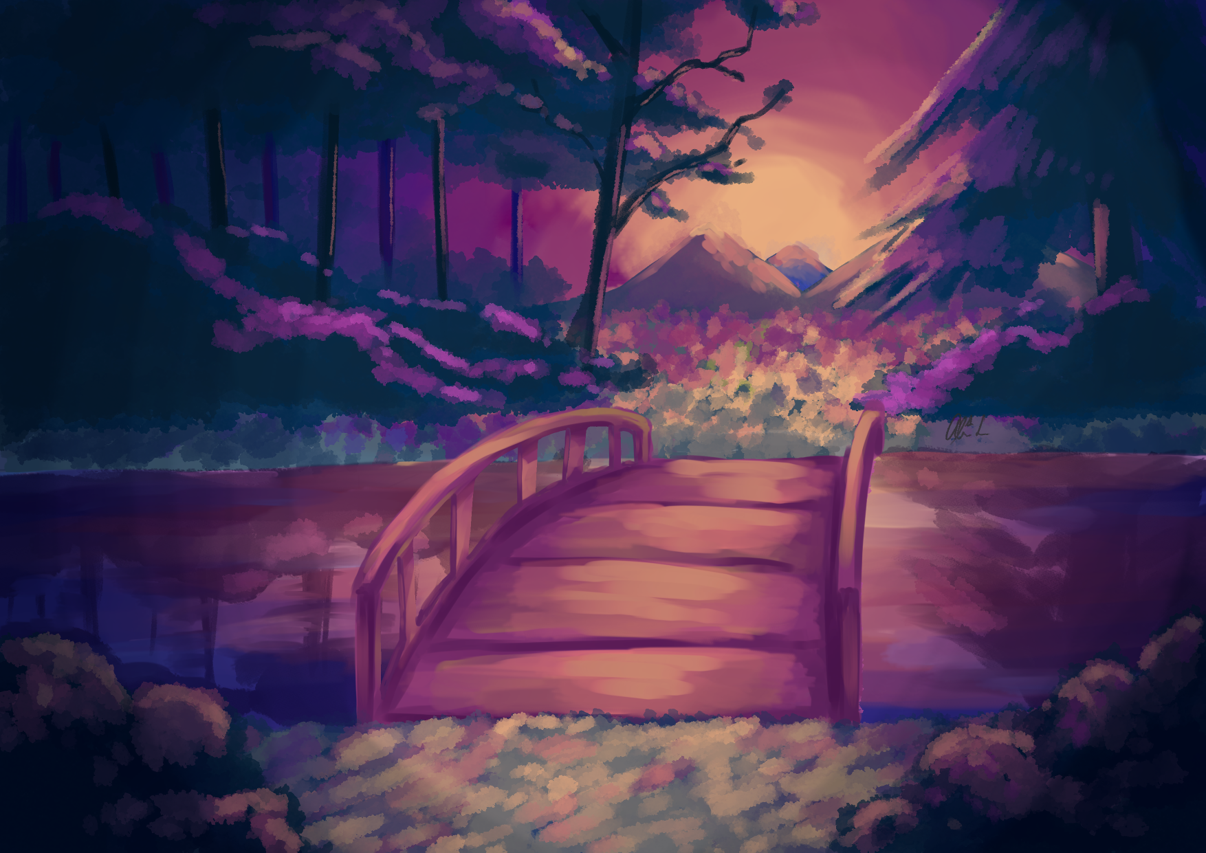 illustration of bridge in the forest at dawn