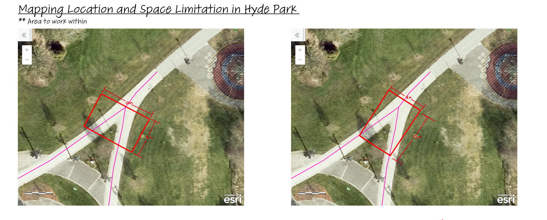 Map of Holland Park Pathway with Sketched Pavilion Size Specifications