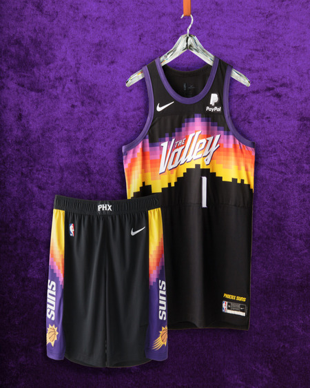 Pheonix Suns jersey front and back over purple background