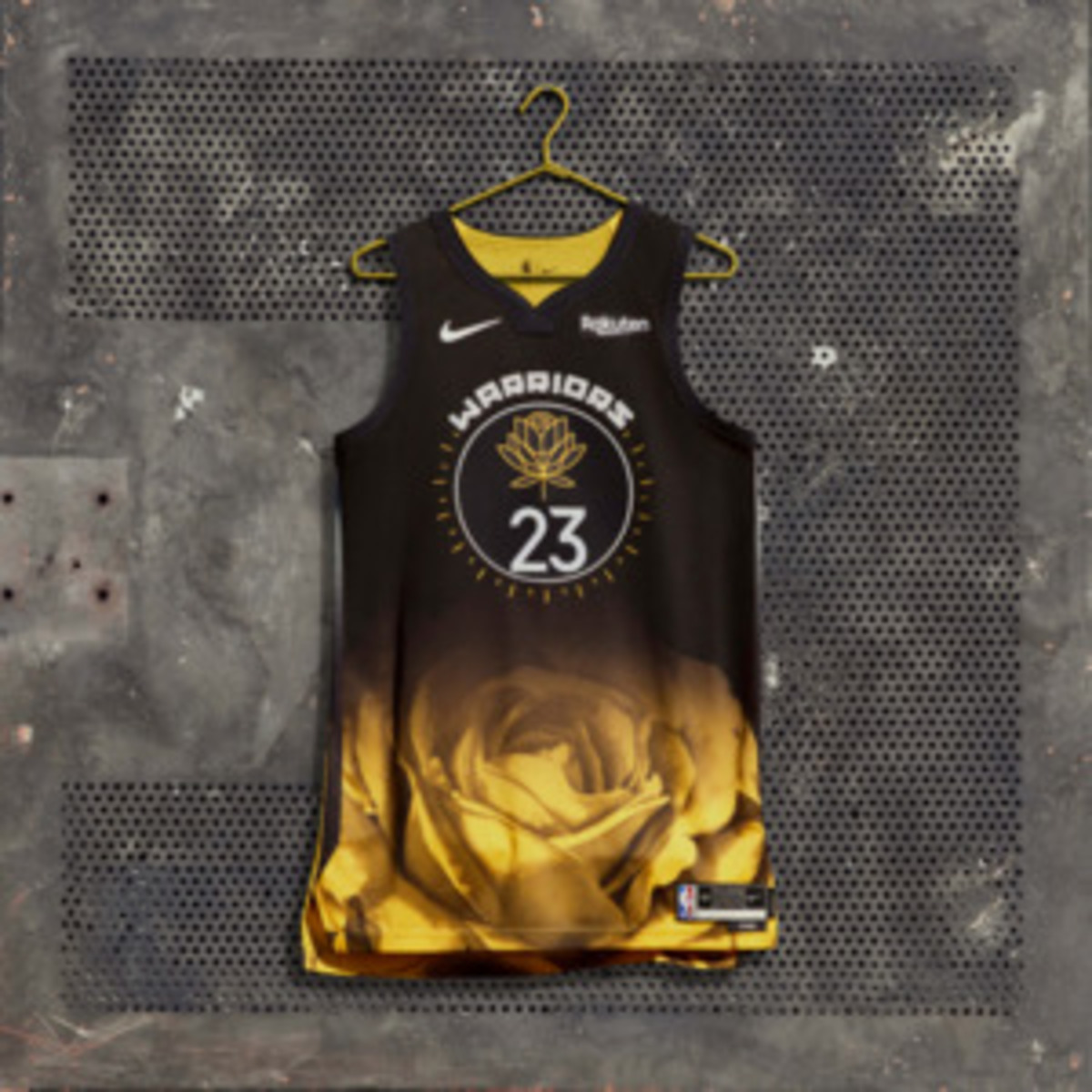 Golden State warriors 2022 city edition jerseys over grey background